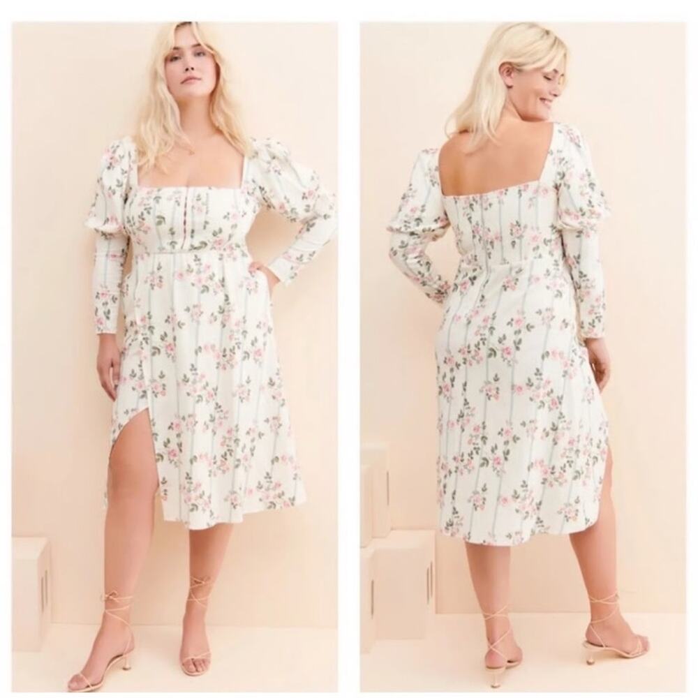 For Love & Lemons Women's Empire-Ivory Pink Floral Puff Sleeve MIDI Linen S